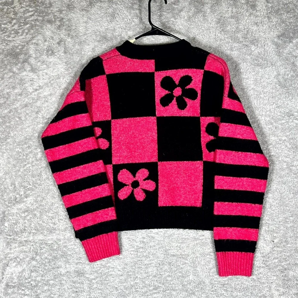 Zara Sweater Womens Small Pink Black Stretch Checkered Long Sleeve Crewneck - Picture 3 of 8